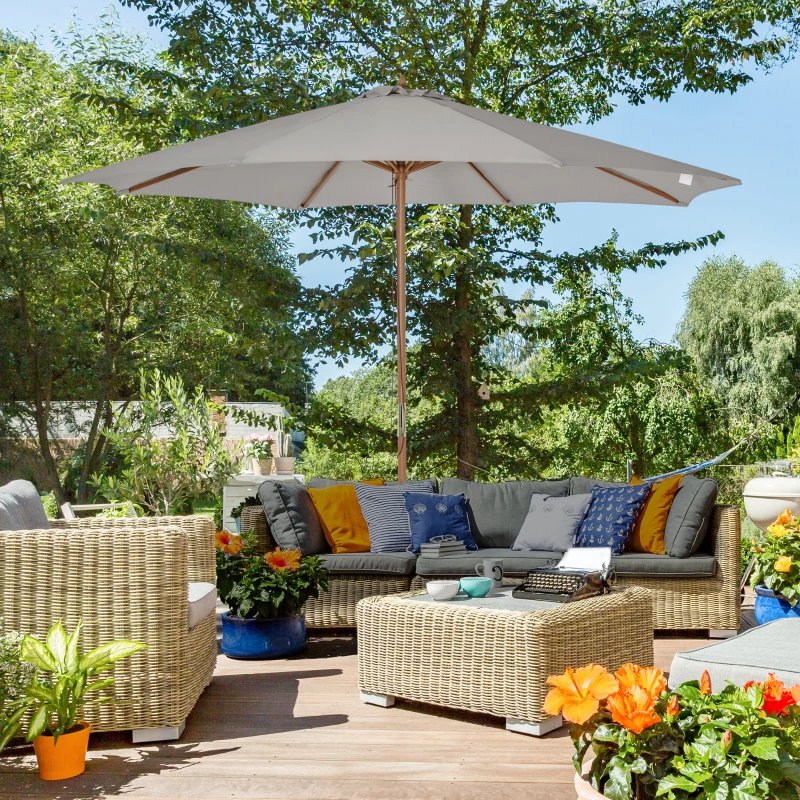 Outsunny Chapéu de Sol de Jardim Ø300x250cm com Sistema de Polia Teto Ventilado e Mastro Desmontável de Madeira para Terraço Pátio Exterior Cinza Claro