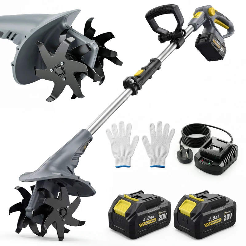 Outsunny Cordless Tiller, 18V Electric Garden Rotavator with 2 x 4000mAh Batteries, Charger, 20cm Tilling Width & 18cm Depth