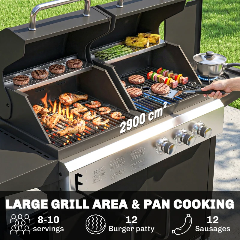 Outsunny 2+1 Burner Hybrid Dual Fuel BBQ Gas Grill, 2-in-1 Propane & Charcoal Barbecue Grill Smoker Combo with Wheels, Black