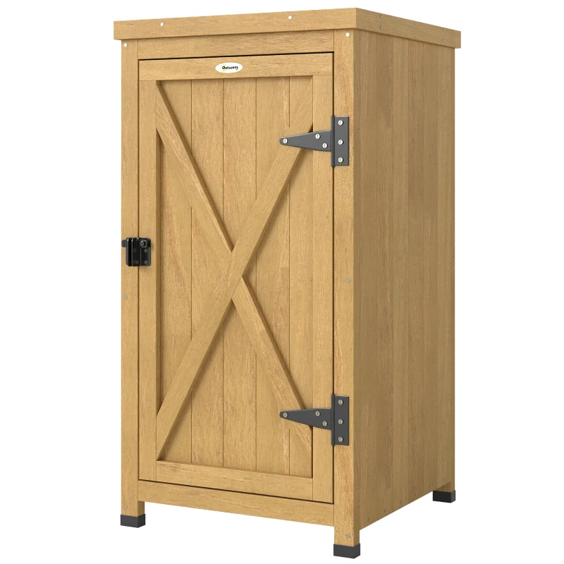 Outsunny Wooden Garden Shed, Garden Tool Storage Shed with Metal Top and Shelf, Light Brown