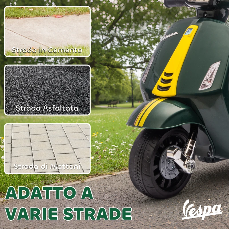 AIYAPLAY Moto Elettrica per Bambini con Licenza Vespa, Batteria Ricaricabile 6V, Rotelle e Luci, Età 2-4 Anni, Verde Scuro