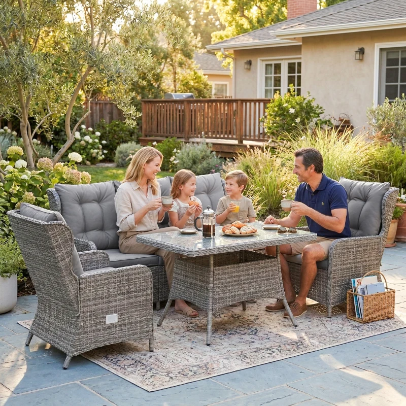 Outsunny 5 Seater Rattan Garden Furniture Set with Sofa, Reclining Chairs, Table, Patio Rattan Furniture Sofa Sets, Grey