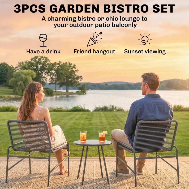 Outsunny 3 Piece Rattan Bistro Set, Outdoor Garden Furniture Set with 2 Chairs, Round Coffee Table for Patio, Balcony, Dark Grey