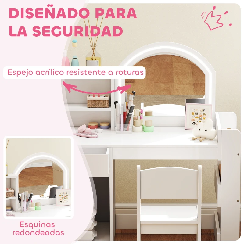 AIYAPLAY Tocador de Maquillaje Niña Tocador Infantil con Taburete y Espejo con Luces LED 1 Cajón Armario y 5 Estantes Blanco