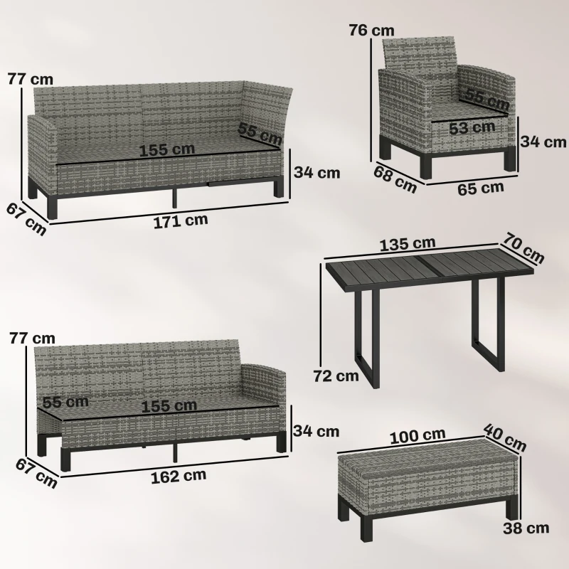 Outsunny 9 Seater Rattan Garden Furniture Corner Sofa Set, Outdoor Dining Set with Faux Wood Table, Ottoman, Cushions, Dark Grey