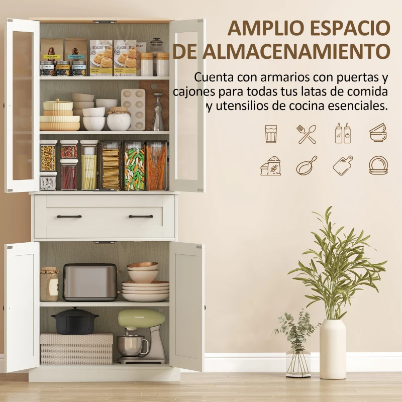 HOMCOM Mueble Auxiliar de Cocina con 2 Puertas de Acrílico Cajón Grande Estantes Ajustables 76x40x182,5 cm Crema