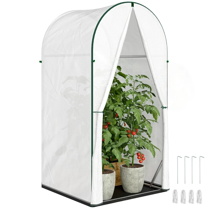 Outsunny Mini Greenhouse, Portable Green House with Roll-Up Door, PE Base, Small Greenhouse, 100 x 100 x 195 cm, White