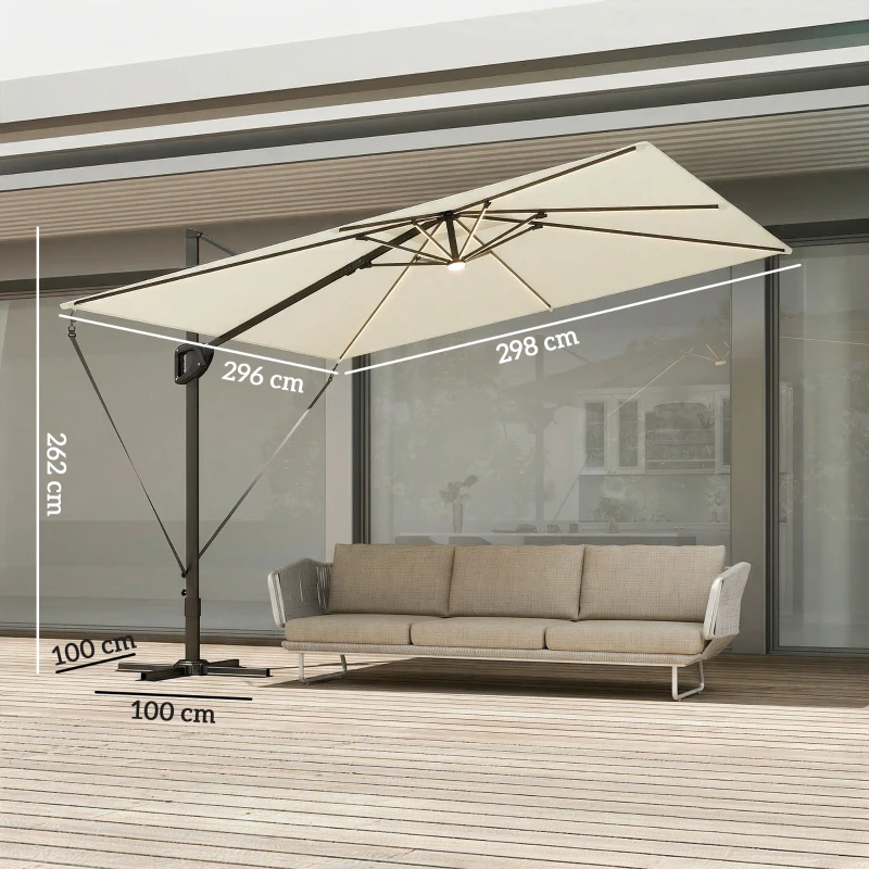 Outsunny 3 x 3 m Garden Cantilever Parasol w/ Light, Cover, UPF50+ Patio Umbrella w/ Wind Protection, 360° Rotation, Cream White