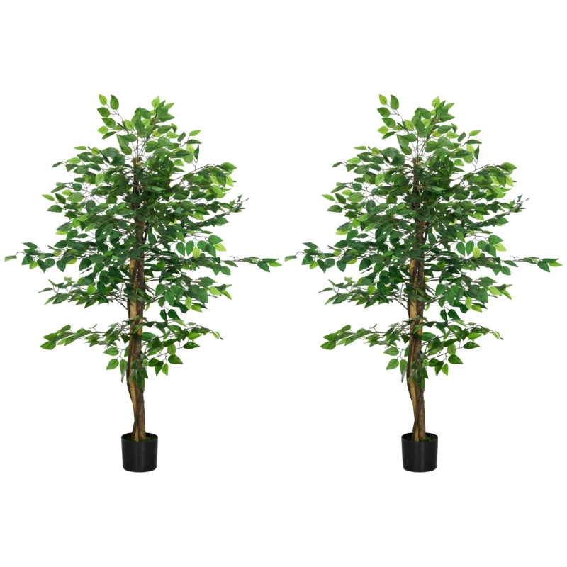 HOMCOM Conjunto de 2 Ficus Artificiais com Troncos Naturais 150 cm Plantas Artificiais com Vaso e 882 Folhas Verde