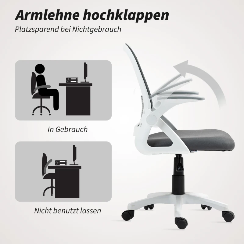 HOMCOM Atmungsaktiver Mesh-Bürostuhl, Ergonomischer Drehstuhl mit klappbaren Armlehnen und Lendenwirbelstütze, Grau