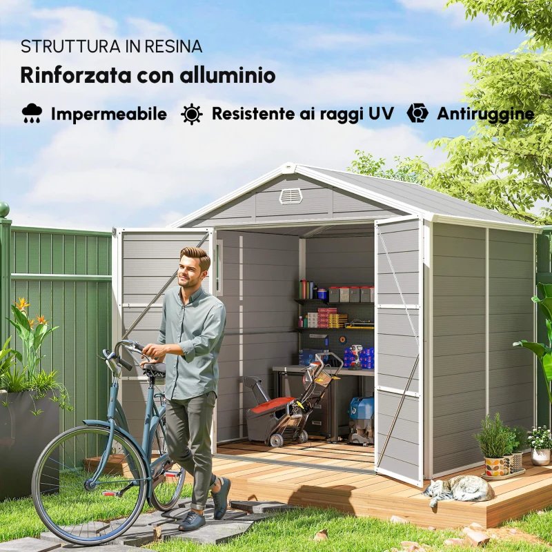 Outsunny Casetta da giardino, 4,1 m², con tetto a due falde, 240 x 190 x 180/228 cm, Grigio