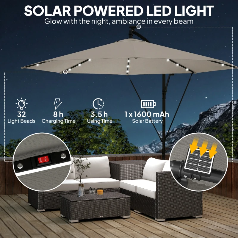 Outsunny 3 m Cantilever Parasol with Solar LED Lights Garden Umbrella with Cross Base, Light Grey