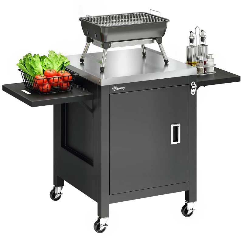Outsunny Outdoor Grill Cart with Stainless Steel Tabletop, BBQ Table with a Cabinet, Towel Holder, Bottle Opener, Black