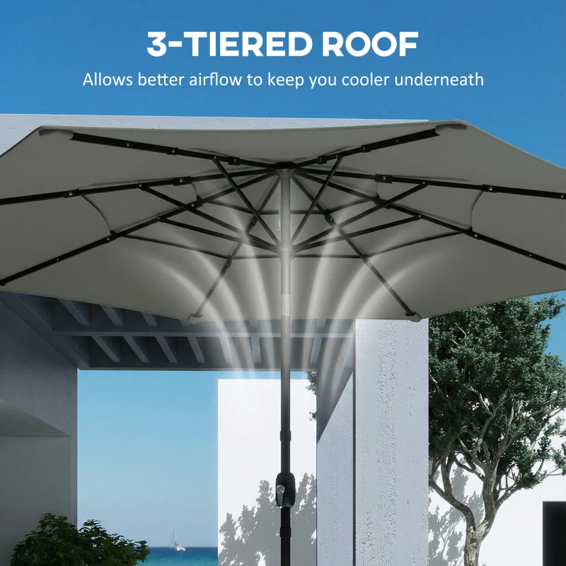 Outsunny Garden Parasol, Parasol Umbrella with 3-tier Roof, Crank Handle, Tilt Function, Polyester Canopy, Grey