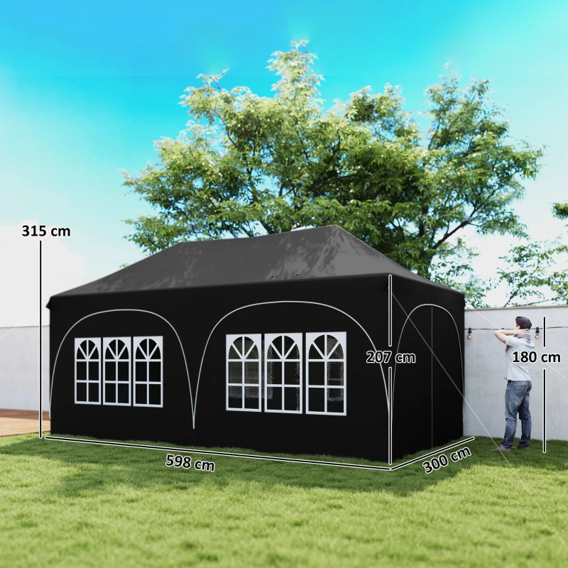 Outsunny 3 x 6m Pop Up Gazebo Shelter with Sides, 6 Sandbags, Peak Top Garden Party Tent Marquee with Carry Bag, Black