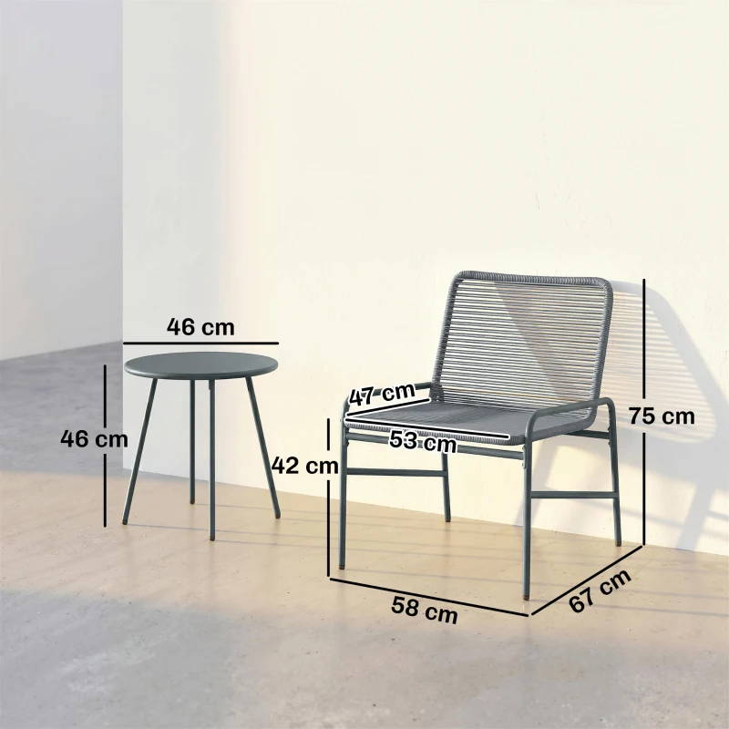 Outsunny 3 Piece Rattan Bistro Set, Outdoor Garden Furniture Set with 2 Chairs, Round Coffee Table for Patio, Balcony, Dark Grey