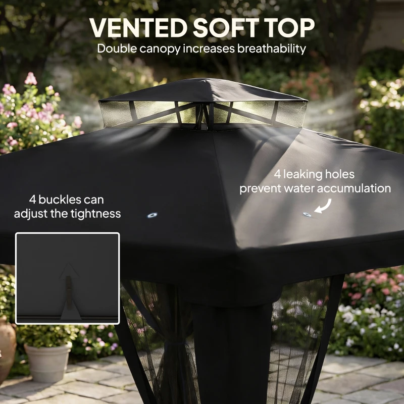 Outsunny 3 x 3 m Metal Gazebo, Garden Pavillion, Double Roof Outdoor Canopy Shelter with Mesh Sidewalls, Black
