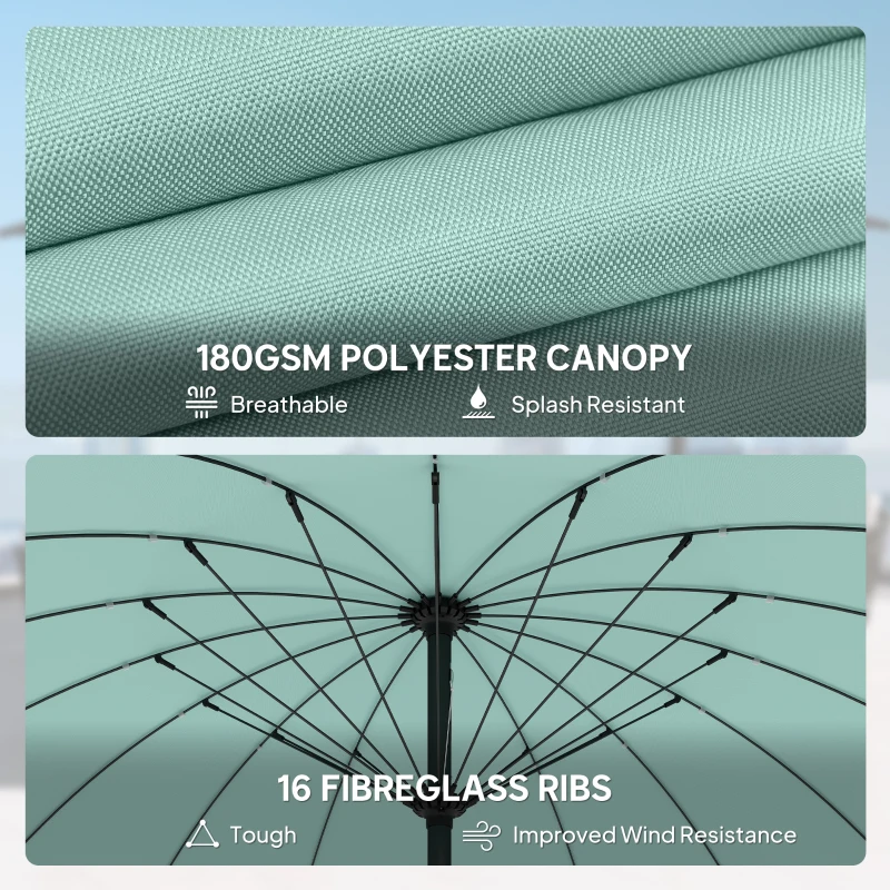 Outsunny 2 m Shanghai Garden Parasol Umbrella with 16 Fibreglass Ribs, Outdoor Parasol Sun Shade with Crank & Tilt, Turquoise