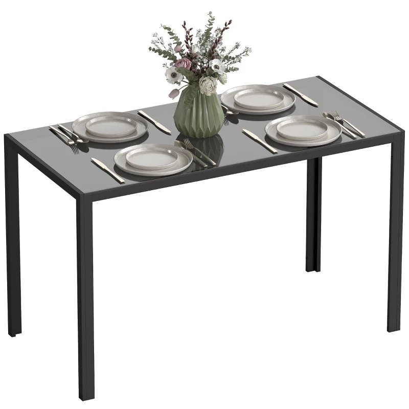 HOMCOM 120cm Dining Table, Rectangle 4 Seater Kitchen Table with Tempered Glass Top and Metal Legs for Dining Room, Living Room (Chairs Not Included), Black