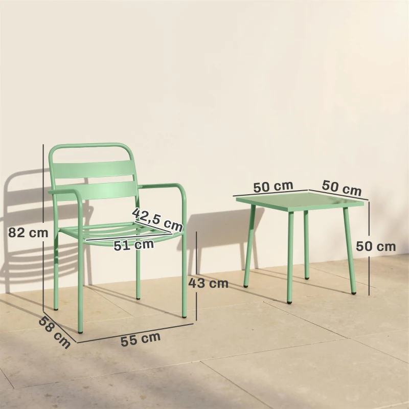 Outsunny Conjunto bistró de jardín 3 piezas - mesa baja con tablero de vidrio templado y 2 sillas de lamas, estructura de acero galvanizado, verde