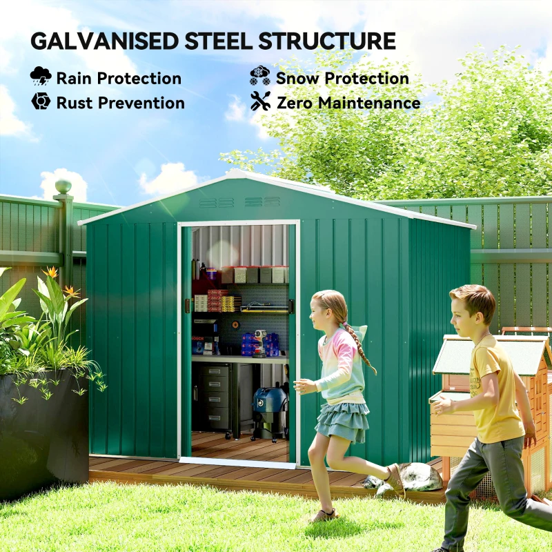 Outsunny 8 x 6ft Galvanised Steel Shed, with Double Door - Green