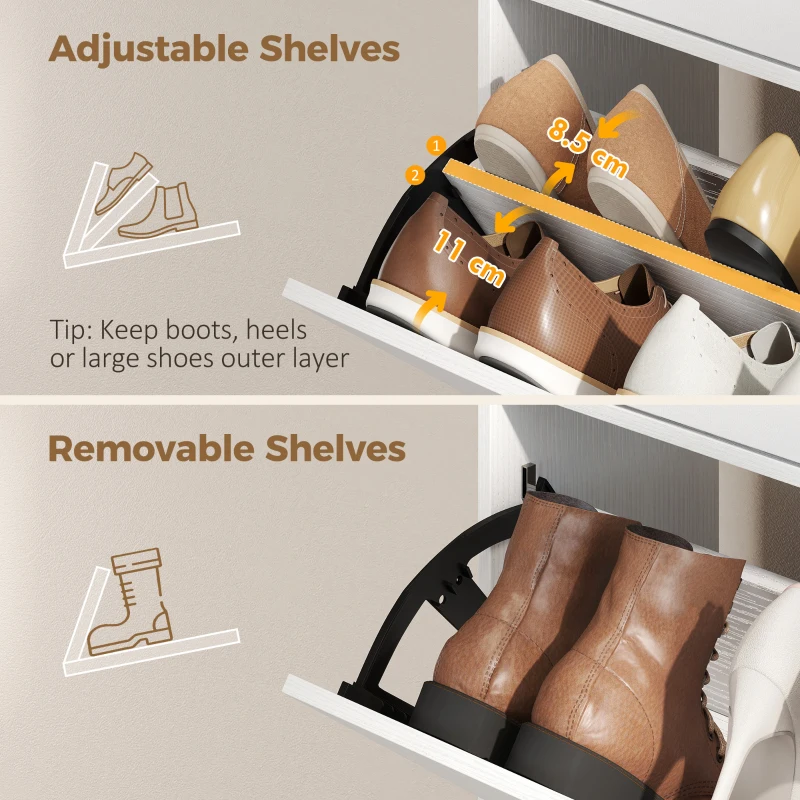 HOMCOM Smalle schoenenkast met 2 klepvakken, schoenenkast met lychee-lederen deuren en verstelbare planken, wit