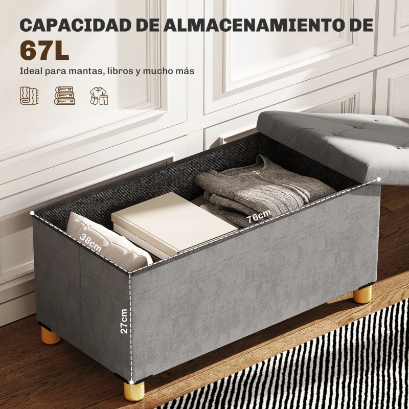 HOMCOM Banco Almacenaje Capacidad de 67 L 76x38x38 cm Tapizado en Terciopelo Carga 120 kg para Sala de Estar Dormitorio Gris