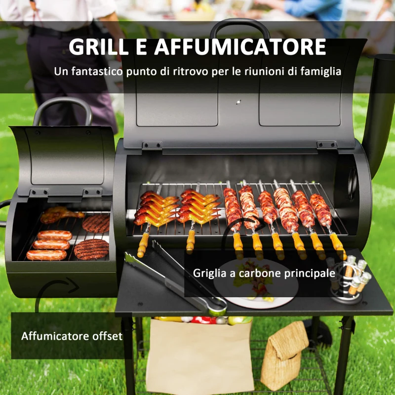 Outsunny Barbecue a carbone in acciaio BBQ Smoker con coperchio Termometro Ruote Alimentazione aria Vaschetta per carbone