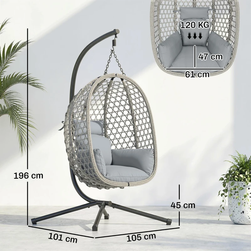 Outsunny Hanging Egg Chair, Indoor Outdoor Rattan Hammock Swing Chair with Stand, Safety Strap, Foldable Basket, Light Grey