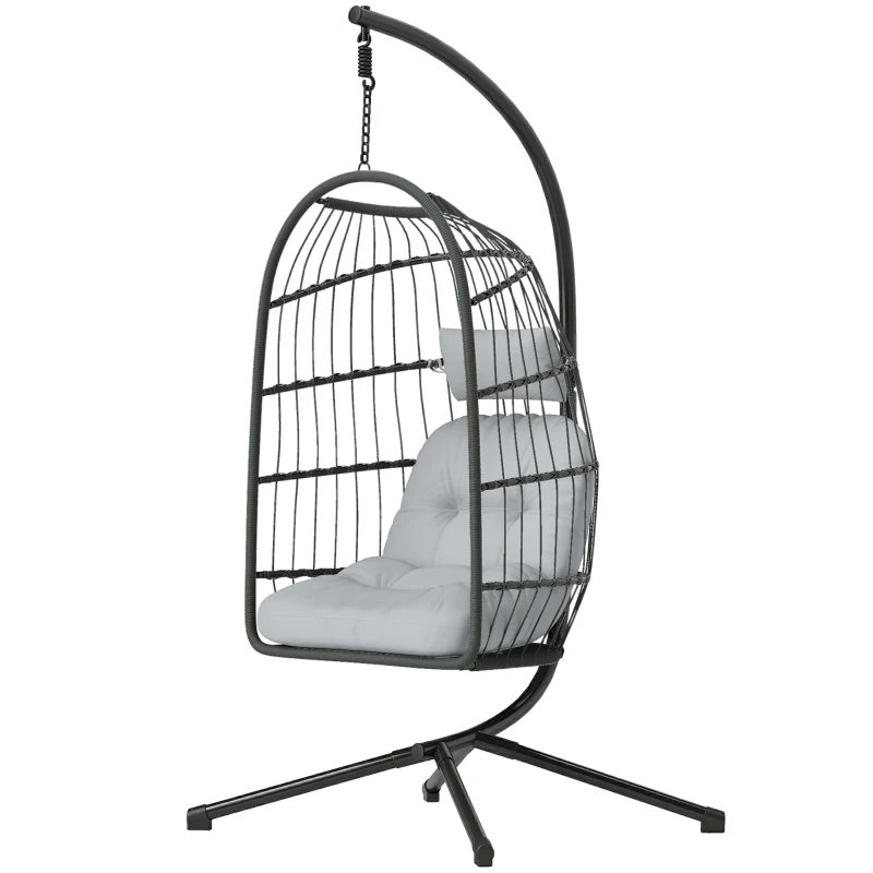 Outsunny Hanging Egg Chair, Indoor Outdoor Hammock Swing Chair with Stand, Safety Strap, Foldable Basket, Dark/Light Grey