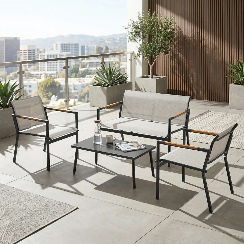 Outsunny Salon de Jardin 4 Pièces en Textilène, Canapé, 2 Fauteuils, Table Basse avec Plateau en Métal, 106x70,5x77cm, Crème