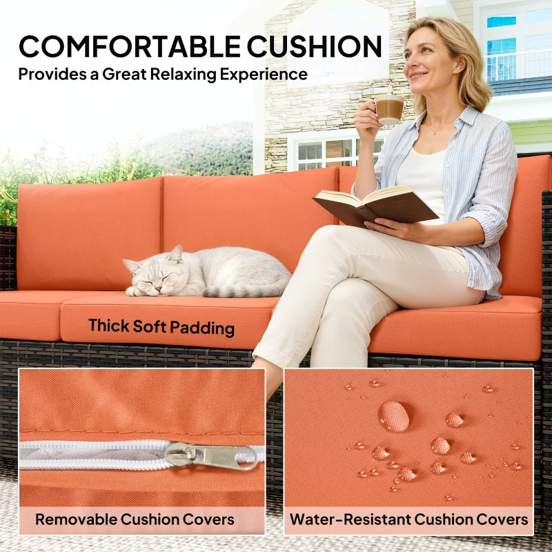 Outsunny 3 Seater Rattan Sofa All-Weather Wicker Weave Metal Frame Chair with Fire Resistant Cushio-Orange