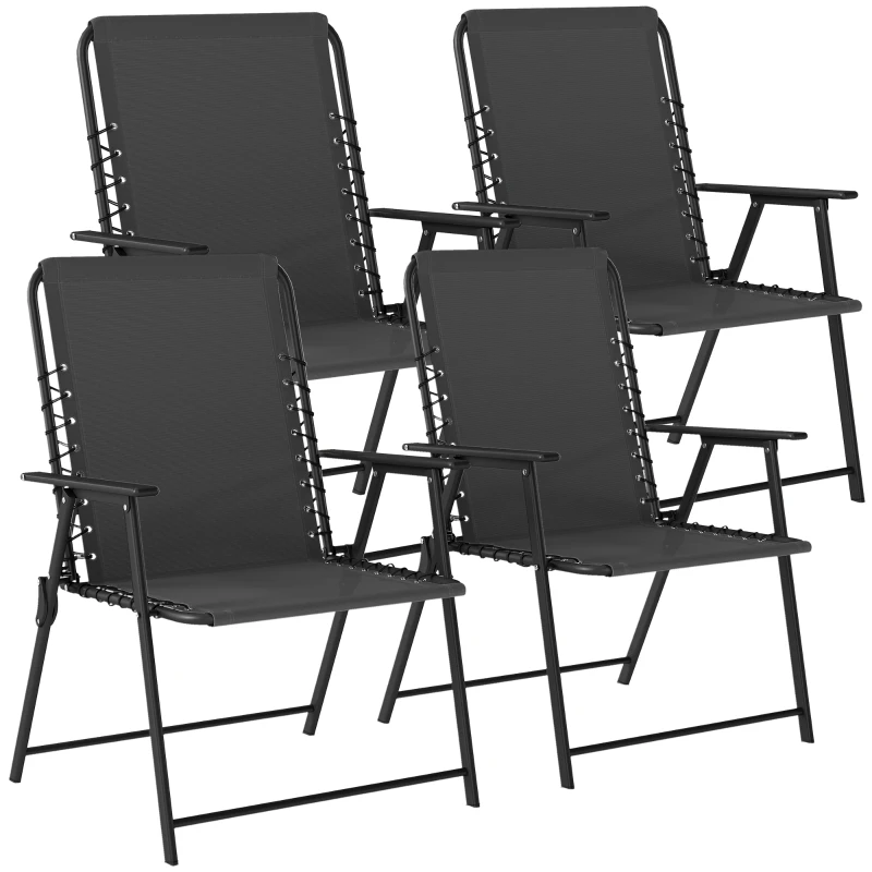 Outsunny Folding Garden Chairs Set of 4, Outdoor Dining Chairs with Wide Texteline Seat, High Back and Armrests, Black