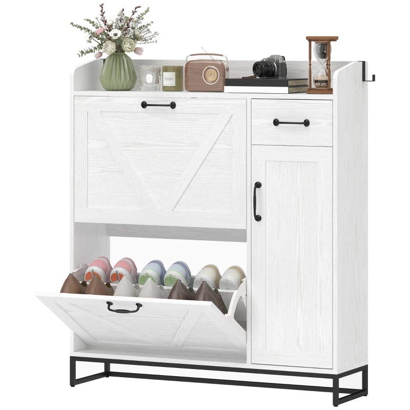 HOMCOM Zapatero Estrecho con 2 Cajones Abatibles Estantes Ajustables para 12 Pares para Espacio Reducido 106,7x26x116cm Blanco