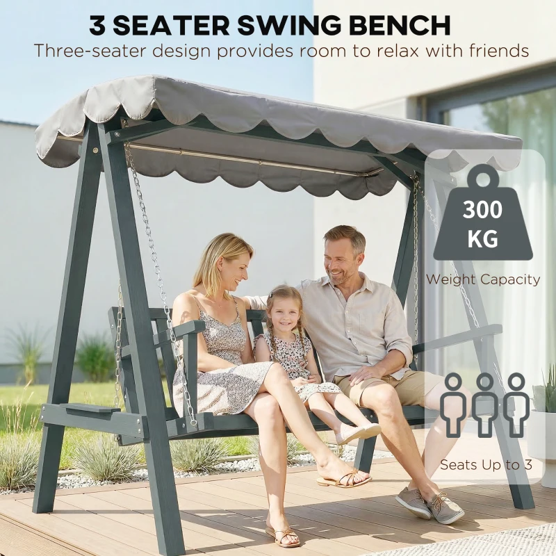 Outsunny 3 Seater Garden Swing Seat with Canopy, Wooden Swing Chair, Outdoor Hammock Bench for Balcony Patio Porch, Grey