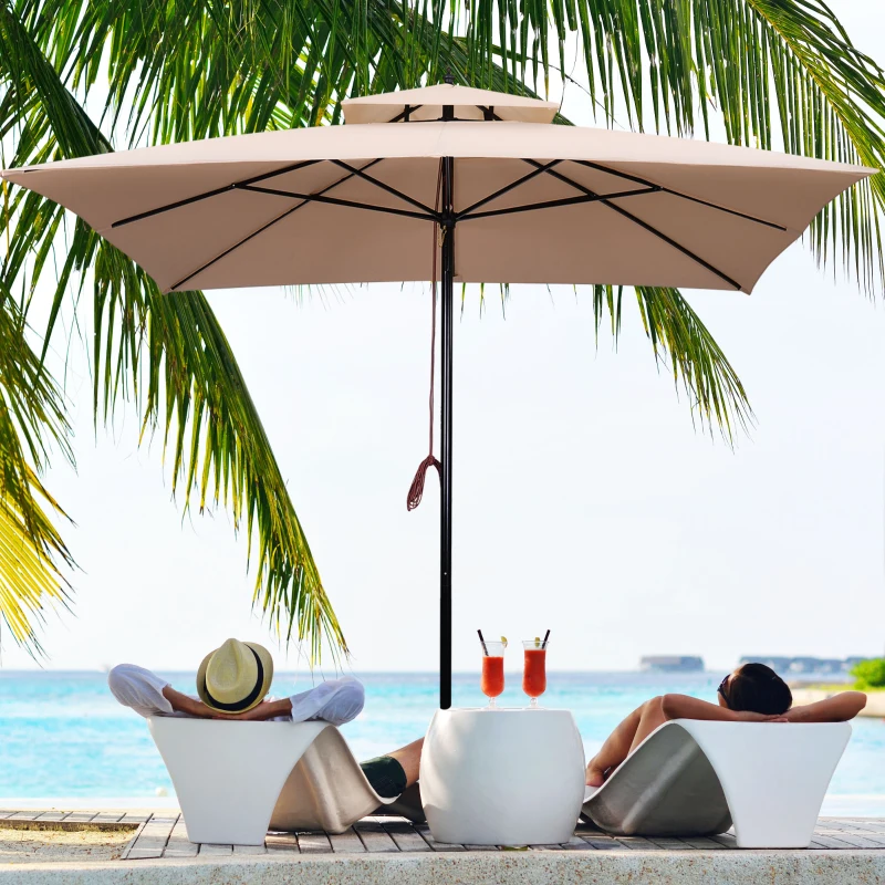 Outsunny Chapéu de Sol de Aço com Teto Duplo Chapéu de Sol com Sistema de Polia Mastro Desmontável 300x300x297cm Bege
