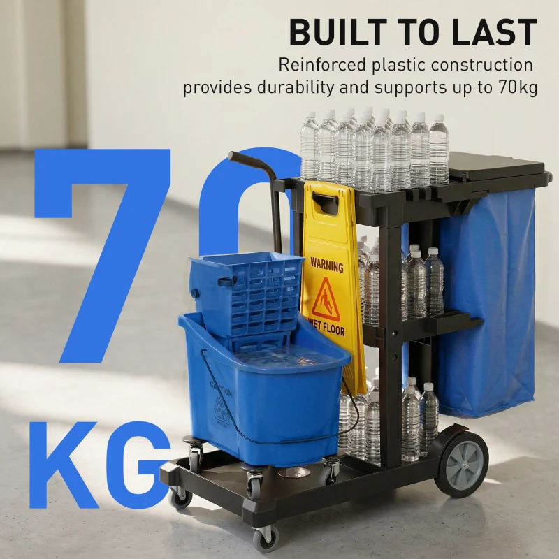 HOMCOM Carrello Pulizie Mobile con 3 Ripiani, Sacco da 70L e Secchio con Strizzatore, Blu