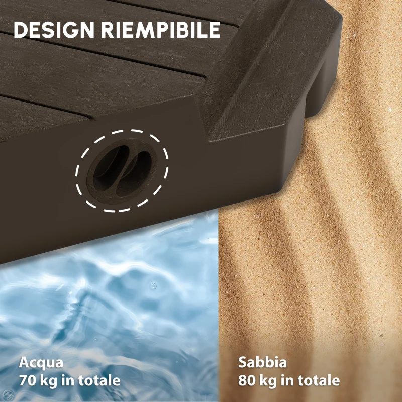 Outsunny Set di 4 Pesi Zavorra Quadrati per Ombrelloni con Base a Croce, da Riempire d'Acqua o di Sabbia fino a 60/80 kg, Marrone