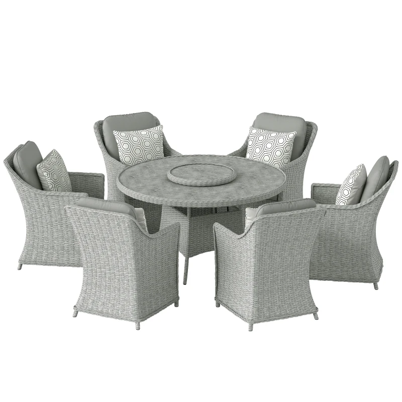 Outsunny Rattan Garden Dining Set with Turntable, Marble Effect Glass Round Garden Table and Chairs with Aluminium Frame, Grey