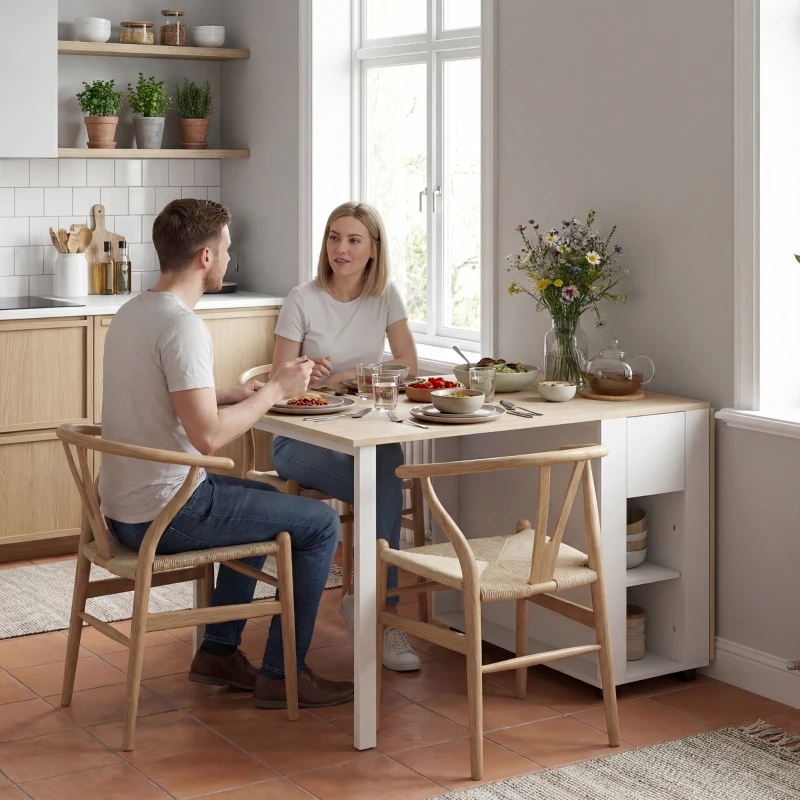 HOMCOM Mesa de Cozinha Dobrável para 6 Pessoas com Laterais Retráteis Gavetas e Prateleiras Abertas 168,2x85x73 cm Madeira e Branco