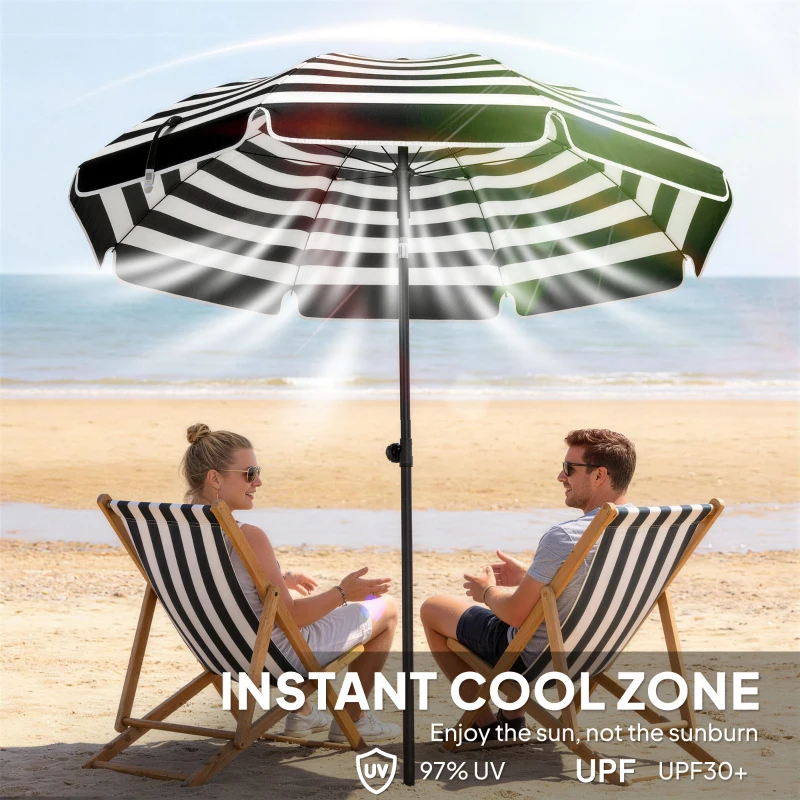 Outsunny 1.8 m Beach Umbrella Parasol with Sand Anchor, Portable 30° Tilting Patio Sun Shade with Adjustable Height, Grey/White