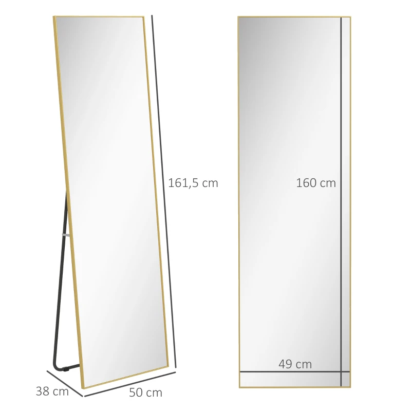 HOMCOM Espejo de Pie Cuerpo Entero de Aleación de Aluminio Espejo de Pared con 2 Formas de Uso Rectangular 50x161,5x2 cm Dorado