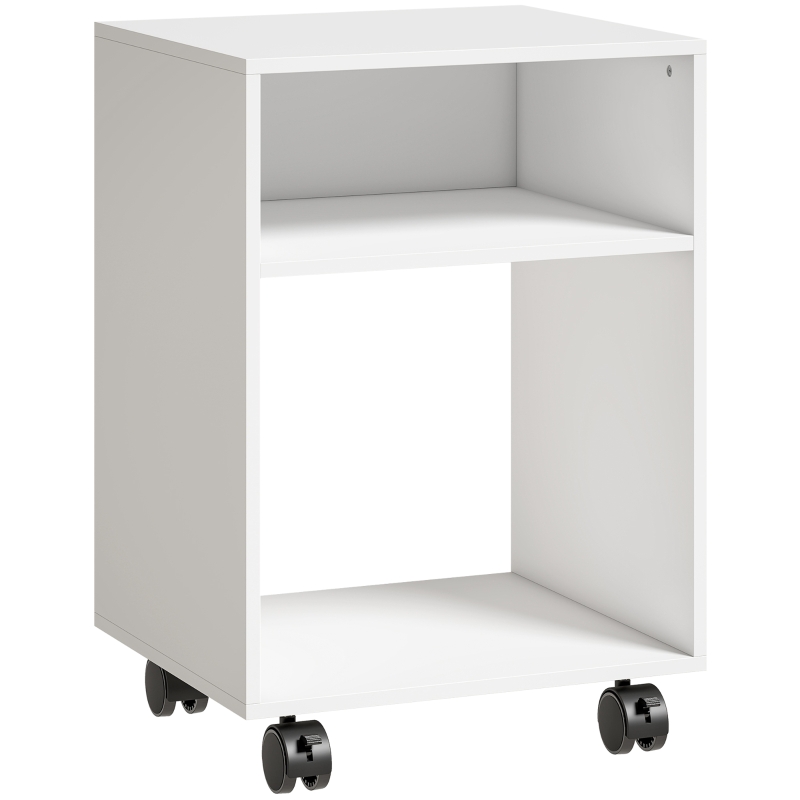 HOMCOM Meuble porte-imprimante en bois avec roulettes à frein et 2 compartiments ouverts, 40x35x55 cm, pour bureau/studio, Blanc