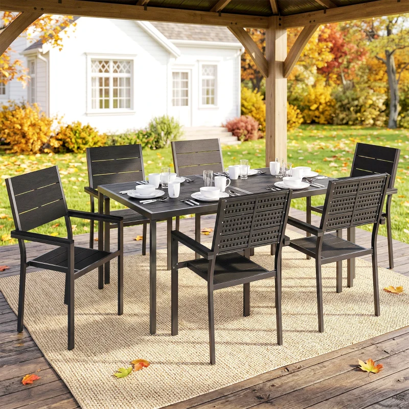 Outsunny 7 Pieces Outdoor Dining Set, Patio Table and Chairs for 6, Garden Dining Furniture Set with Slatted Tabletop