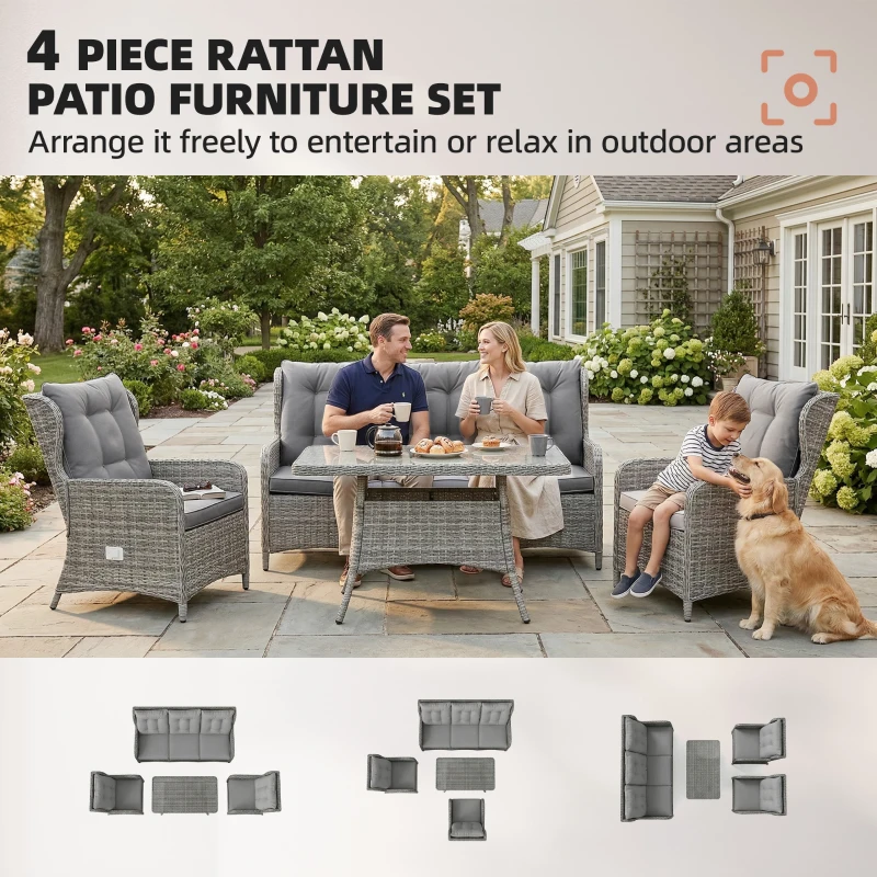 Outsunny 5 Seater Rattan Garden Furniture Set with Sofa, Reclining Chairs, Table, Patio Rattan Furniture Sofa Sets, Grey
