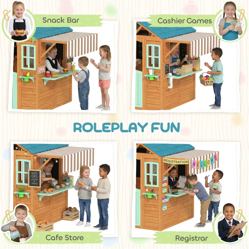 AIYAPLAY Outdoor kinderspeelhuis met verkoopkraam plantenbak krijtbord doelkleed 4 ballen 142 x 120 x 141,5 cm Meerkleurig