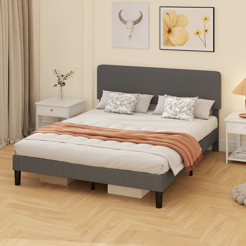 HOMCOM Somier 160x200 cm con Cabecero Ajustable Tapizado en Pana Láminas de Madera Fácil de Montar Gris Oscuro