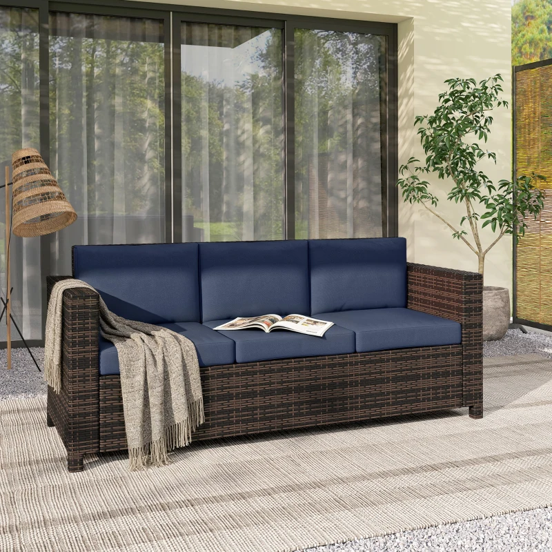 Outsunny 3 Seater Rattan Sofa All-Weather Wicker Weave Metal Frame Chair with Fire Resistant Cushio-Dark Blue