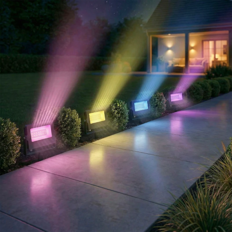 Outsunny 32W LED Floodlights, Linkable 4-Pack Landscape Lighting with Remote Control, RGB Colour Changing, UK Plug, Black