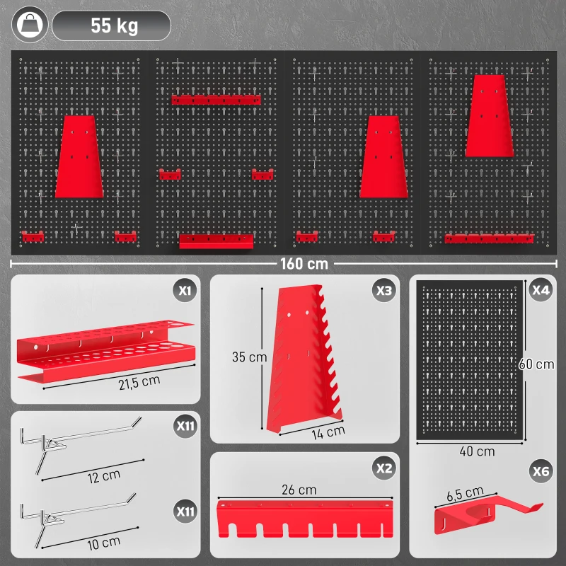 HOMCOM panneau perforé mural 600 x 400 mm, organiseur garage en acier avec 4 panneaux perforés, noir et rouge
